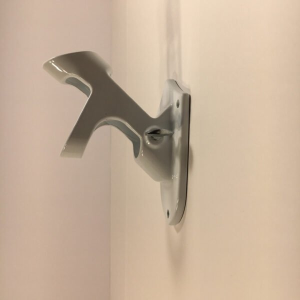 Side View #2: White Cast Aluminum 2 position flag pole Bracket showing included thumb screw for securing flag pole.