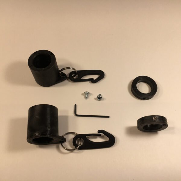 Black Never Furl Flag Attachment Kit Includes: 2-Never Furl Bushings, 2-Shaft Collars, 2 Stainless Steel Rings, 2 Flag Clips, 2-Self Tapping Screws, 1 Allen Wrench