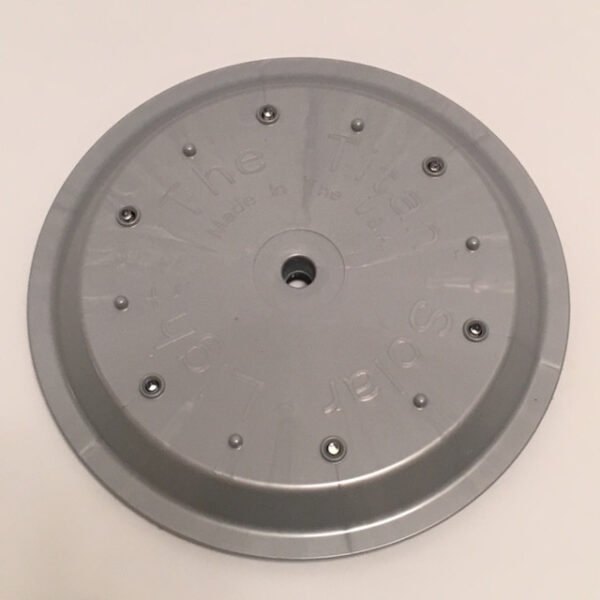 Titan Solar Disc Light Silver finish: bottom of light, 6 bright LED lights. Made in USA