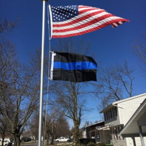 2'x3' Thin Blue Line Flag, flying under 3'x5' American Flag. Made in USA