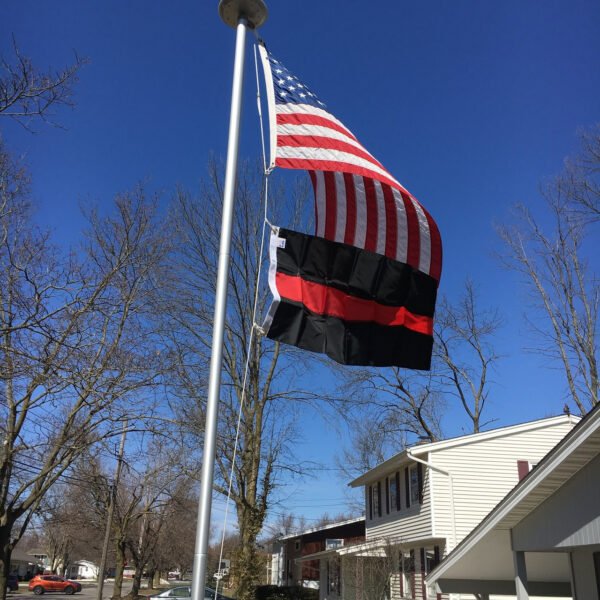 Thin Red Line Flag 2'x3' flying beneath 3'x5' American Flag. Made in USA