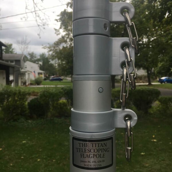 Titan Telescoping Flagpole-Close up of the Lexan swivel ring harnesses, stainless steel clips. Made in USA