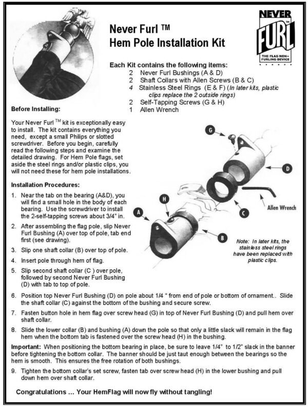 Never Furl Flag Attachment Kit installation instructions for flags with pole sleeve. Included in package.