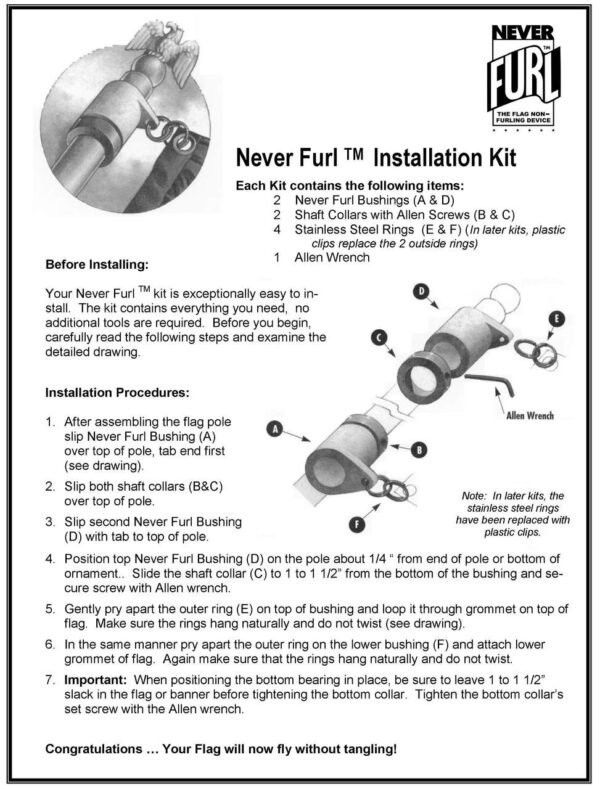 Premium Anti-Wrap Flag Attachment Kit installation instructions for flags with heading and grommets. Included in package.