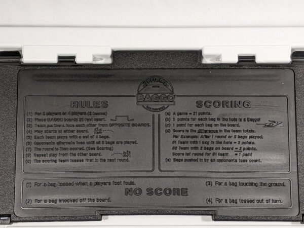 Back Leg with rules stamped in. Cornhole Made in the USA