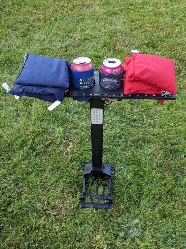 Cornhole Caddy with LED Lights, bags and drinks top view