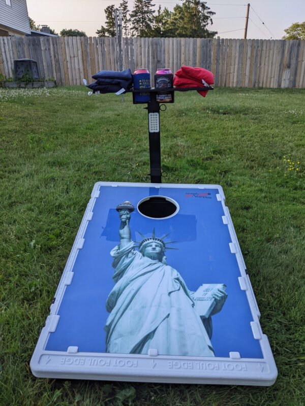 Cornhole Caddy with LED Lights Close up showing lighting unit on tower