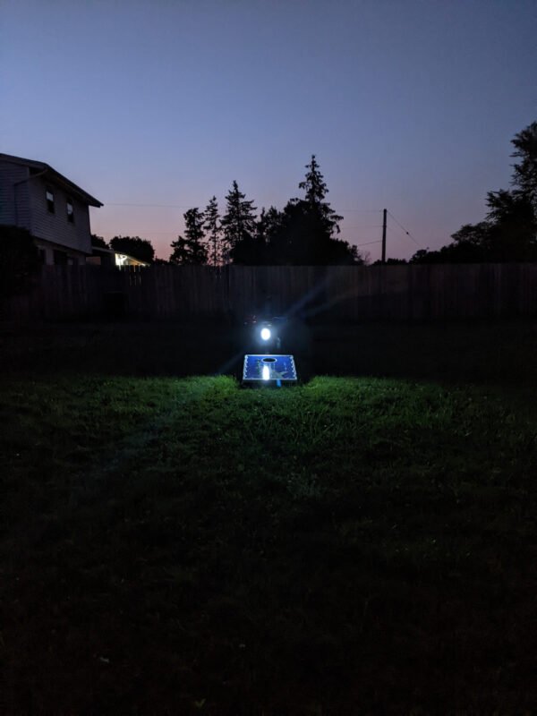 Cornhole Caddy with LED Lights pictured 21 feet away
