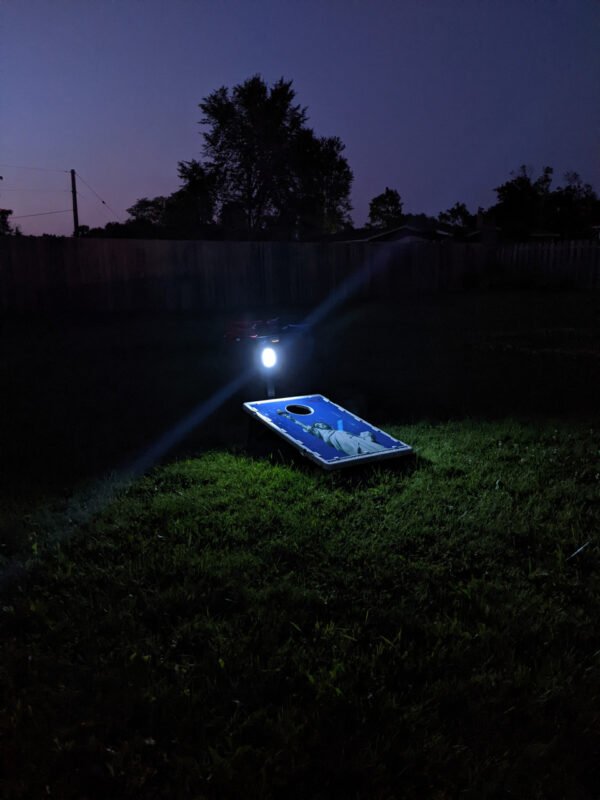 Cornhole Caddy with LED Lights side view 10 feet away