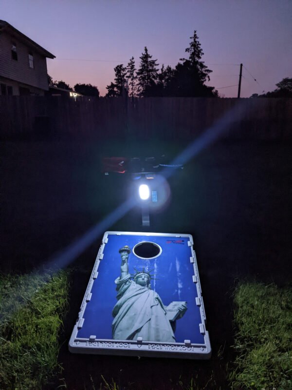 Cornhole Caddy with LED Lights close up at night