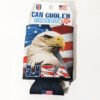 Bald Eagle USA with flag on front of can koozie Made in USA