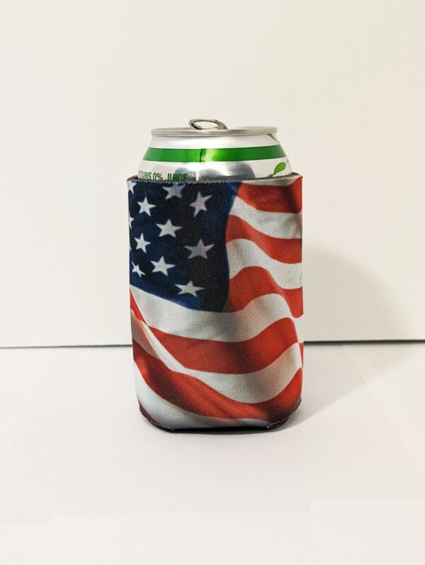 Back of can koozie with can inserted. American Flag. Made in USA