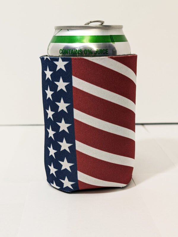 Back of can cooler USA Stars and Stripes with can inserted. Made in USA