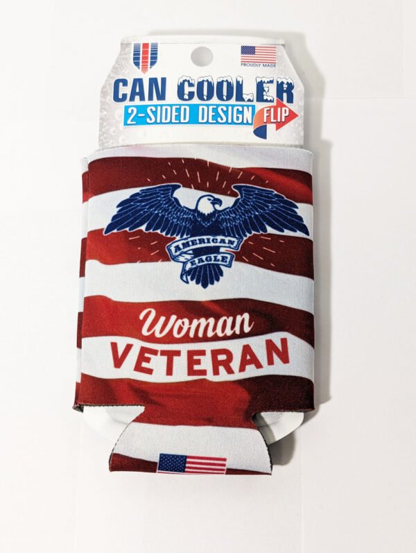Woman Veteran with Bald Eagle front and back of can koozie Made in USA