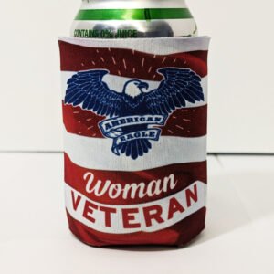 Front and back of can Koozie with can inserted. Woman Veteran with Bald Eagle. Made in USA