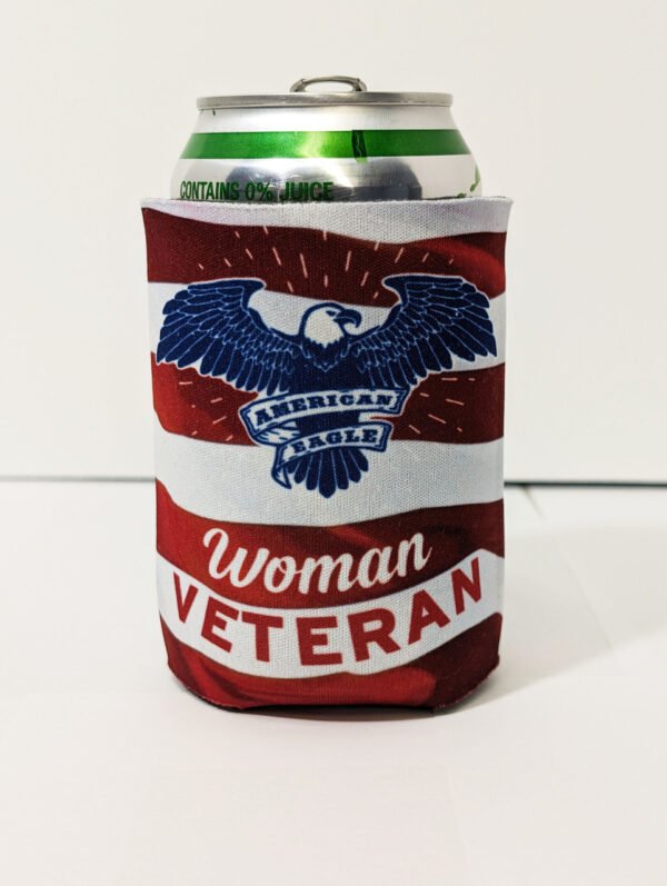 Front and back of can Koozie with can inserted. Woman Veteran with Bald Eagle. Made in USA