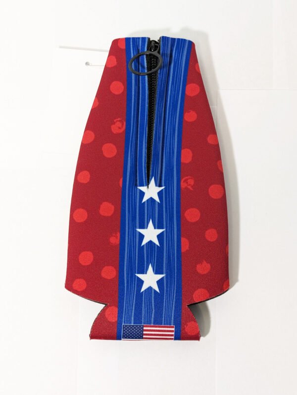 Back with zipper flat for storage USA with stars bottle koozie Made in USA