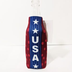 Front with bottle USA with stars Bottle Hugger Koozie Made in USA
