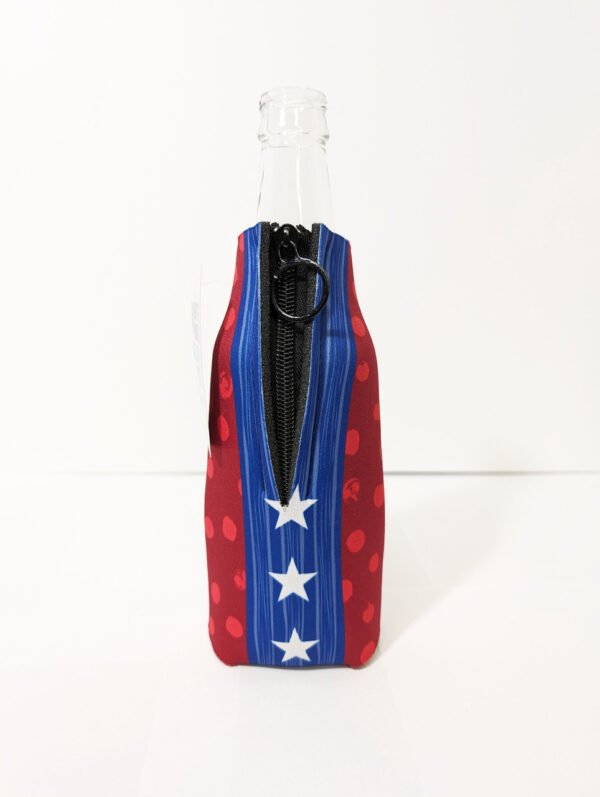Back showing zipper. USA with stars bottle hugger Made in USA