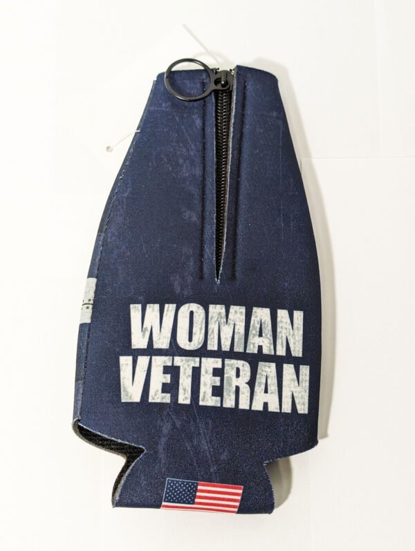 Back with zipper flat for storage Woman Veteran Proudly Served bottle koozie Made in USA