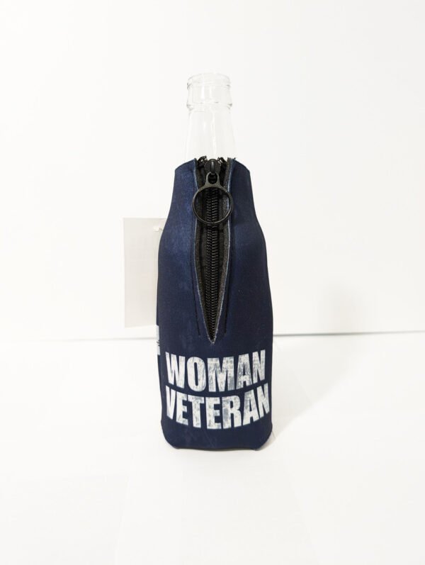 Back showing zipper. Woman Veteran Proudly Served bottle hugger Made in USA