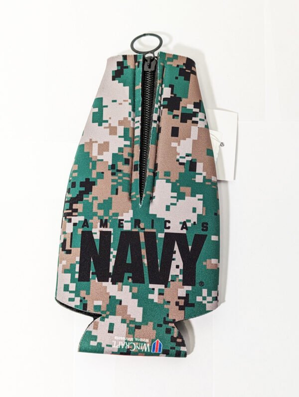 Back with zipper flat for storage Americas Navy with Camo bottle koozie Made in USA