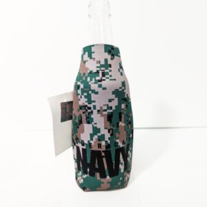 Front with bottle Americas Navy with camo Bottle Hugger Koozie Made in USA