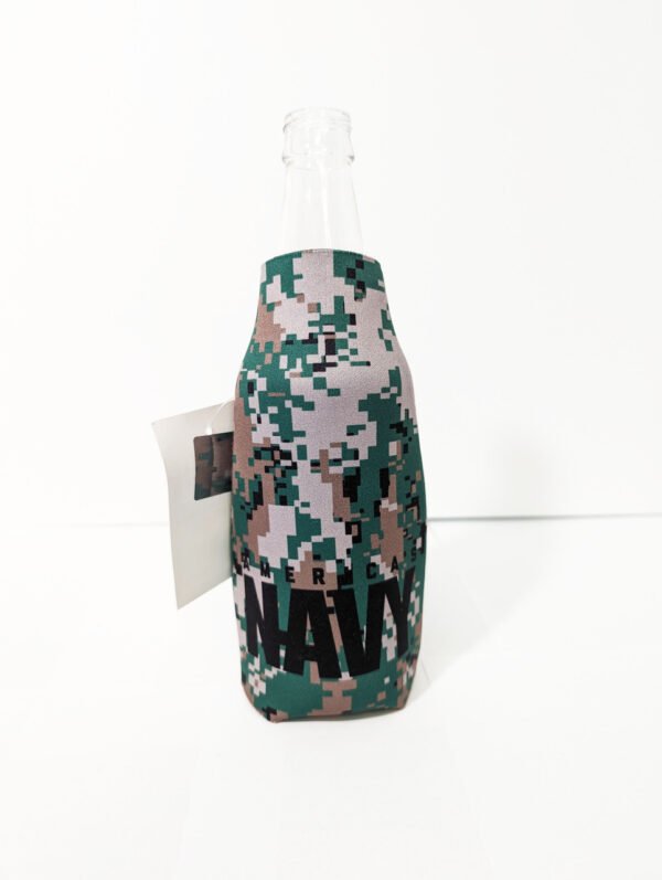 Front with bottle Americas Navy with camo Bottle Hugger Koozie Made in USA