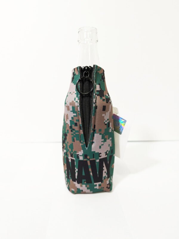 Back showing zipper. Americas Navy with camo bottle hugger Made in USA