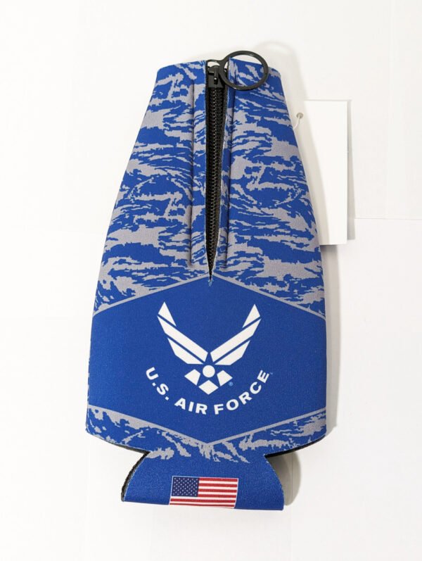 Back with zipper flat for storage U.S. Air Force with camo bottle koozie Made in USA