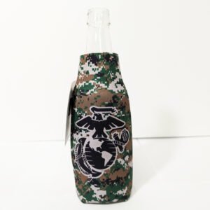 Front with bottle Marine Corps with camo Bottle Hugger Koozie Made in USA
