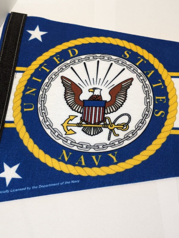 Close up image of U.S. Navy crest on Pennant Made in USA