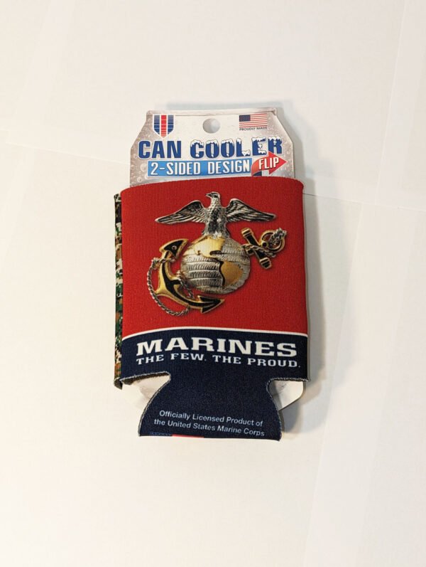 Flat for storage Marine Corps Can koozie front with crest The few the proud Made in USA
