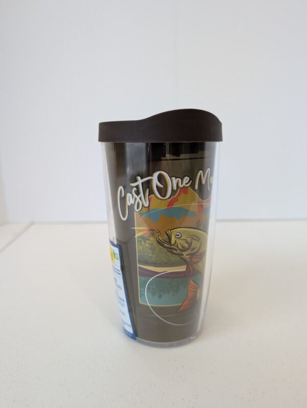 left side of the image Cast One More Fishing 16 oz Tervis Tumbler Made in USA
