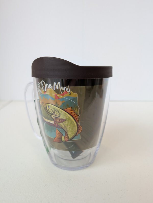 Opposite Side view Cast One More Fishing 16 oz Tervis mug with handle Made in USA