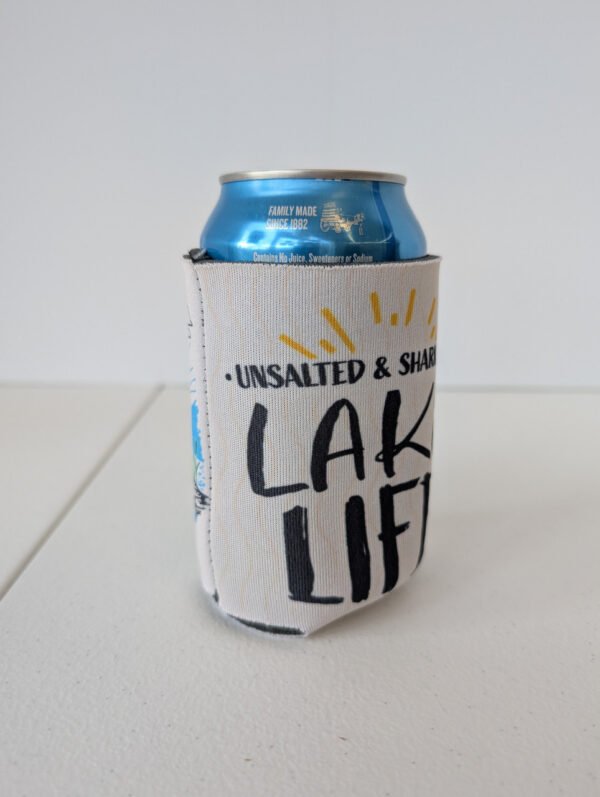 Unsalted and shark free Lake Life can koozie Made in the usa