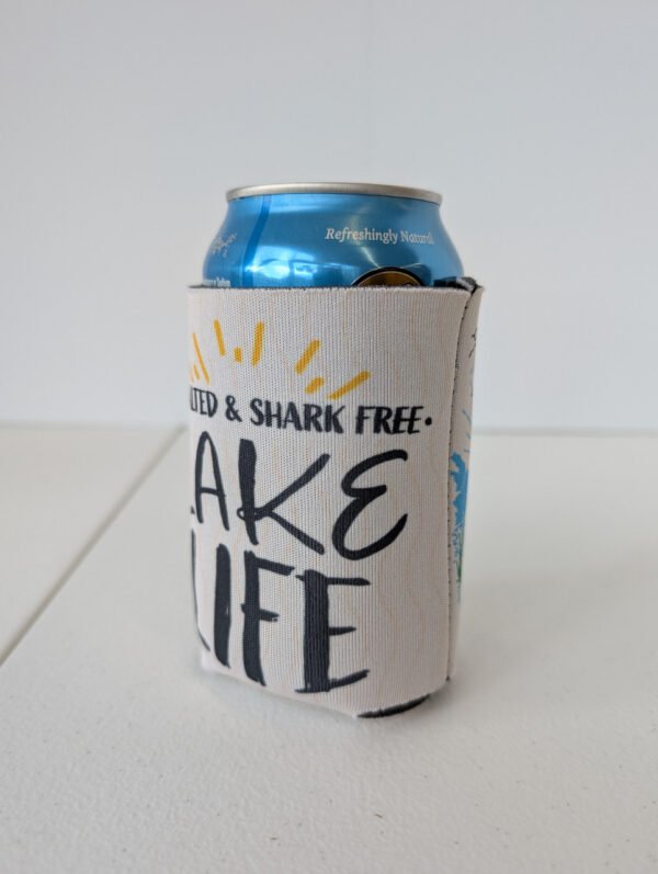 Unsalted and shark free Lake Life can koozie Made in the usa