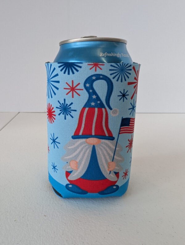 Patriotic Gnome 2 sided can koozie made in USA