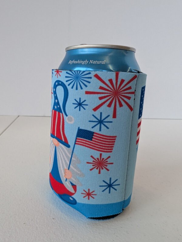 Patriotic Gnome 2 sided can koozie made in USA