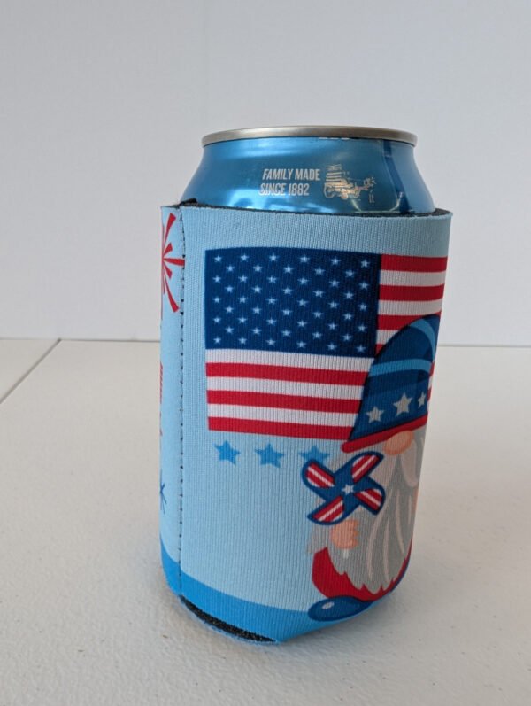 Patriotic Gnome 2 sided can koozie made in USA