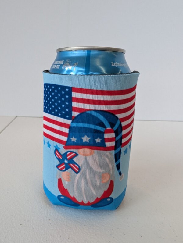 Patriotic Gnome 2 sided can koozie made in USA