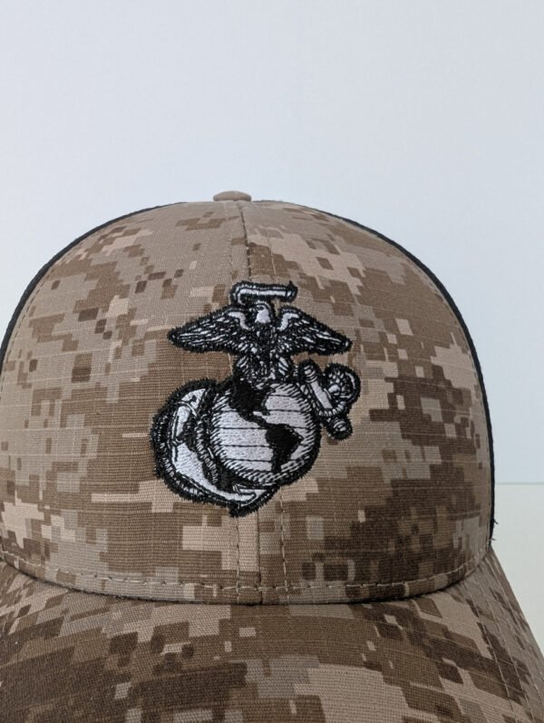 USMC logo on front with digital camo pattern hat mad in USA