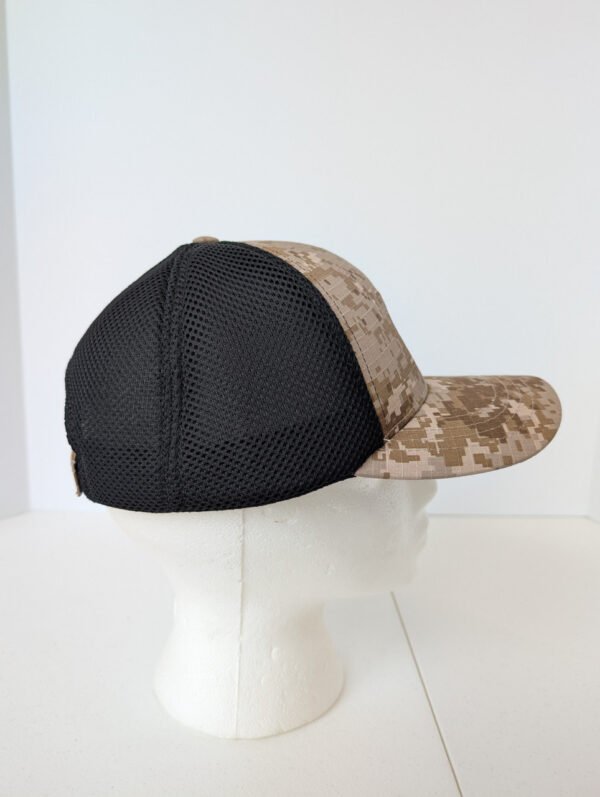 side of hat showing the breathable mesh material and the digital camo front of the hat Made in USA Marine Corps