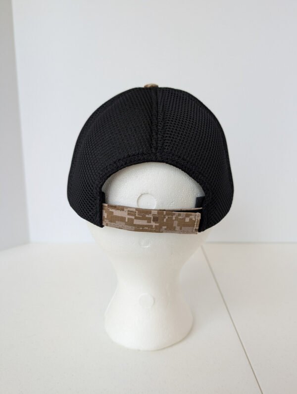 Back of hat with camo velcro strap and breathable mesh cap Made in USA