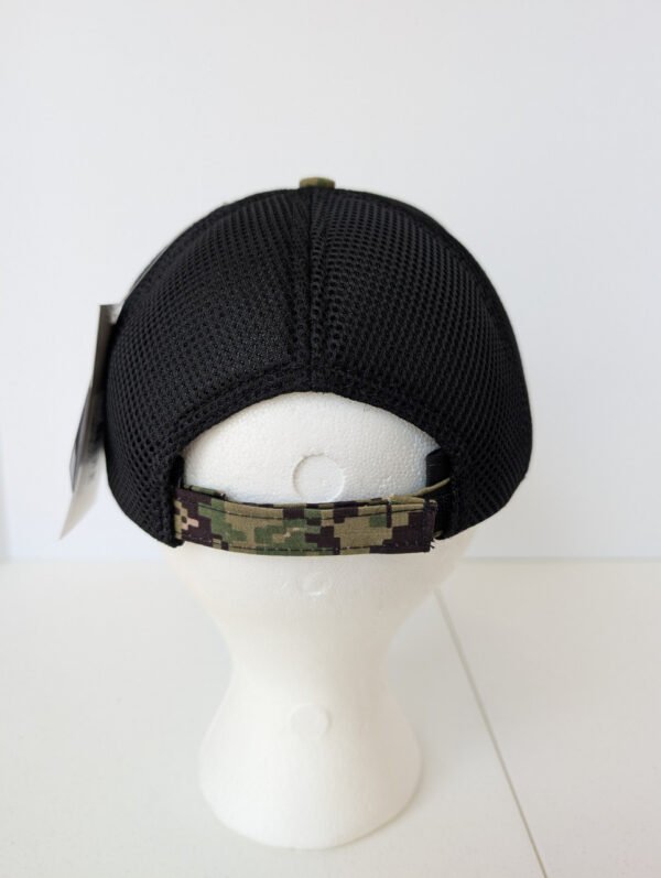 back of Navy mesh hat with camo velcro strap made in USA