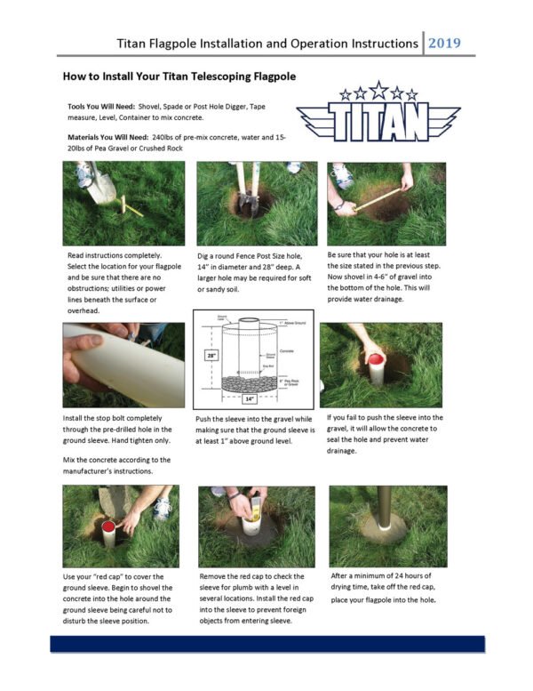 Titan Telescoping Flagpole Installation Instructions pg 1-Made in USA